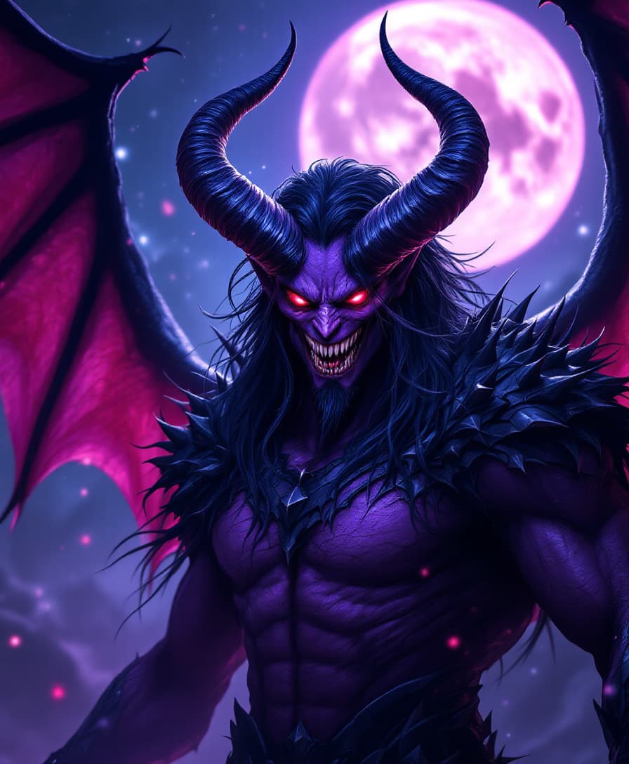 AI generated: Avenging demon with purple skin,piercing red eyes, large horns and bat wings,Bodyspikes all over his...