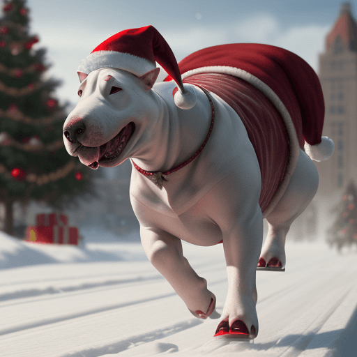 AI generated: Bull terrier human hybrid, christmas attire, elf hat, running, background Santa's sleigh taking off,...