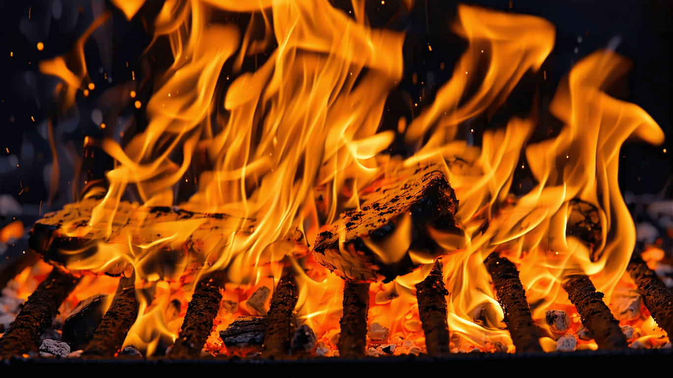 AI generated: Blazing barbecue grill, fiery flames, glowing embers, hot coals, metal grates, sparks flying, dark b...