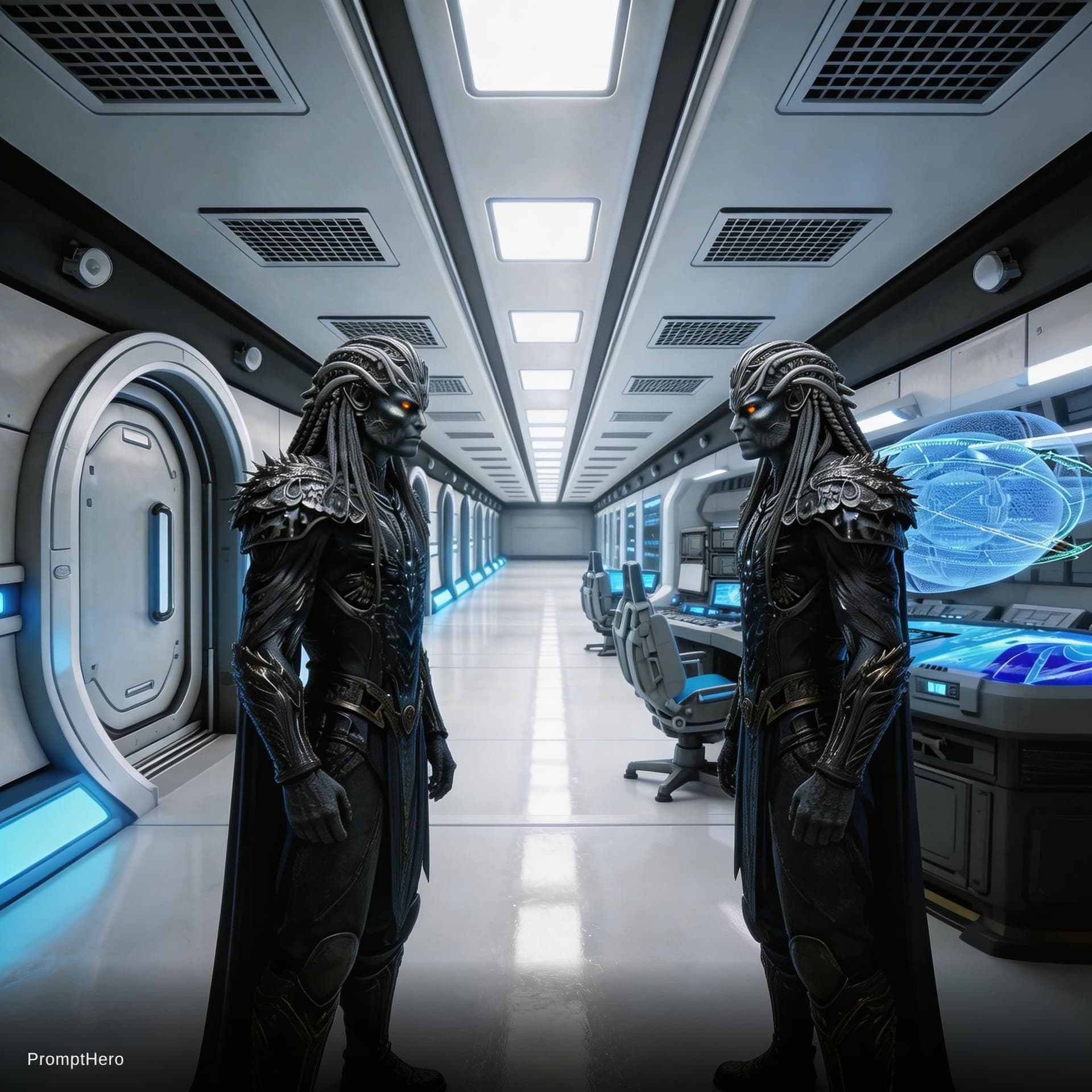 AI generated: Sci-Fi Cinematic Scene. Place the male characters, only, in reference image 2 in reference image 1. ...