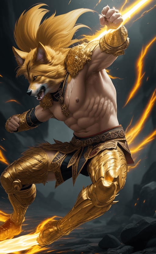 AI generated: "painterly style, dog warrior fighting at war, raging, golden Fur covered, character design, body is...