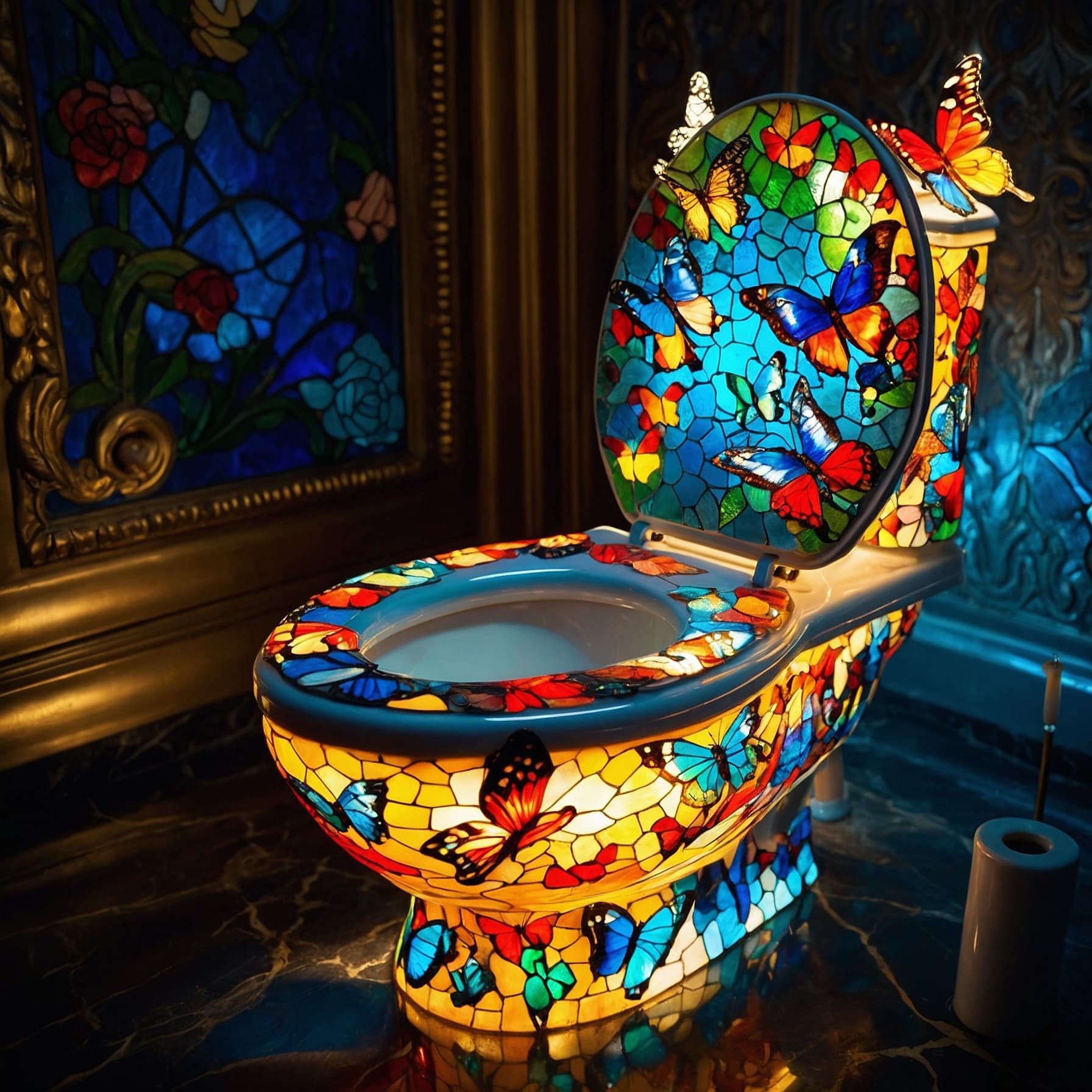 AI generated: A richly detailed stained latrine featuring vibrant butterfly ornaments, softly illuminated to highl...