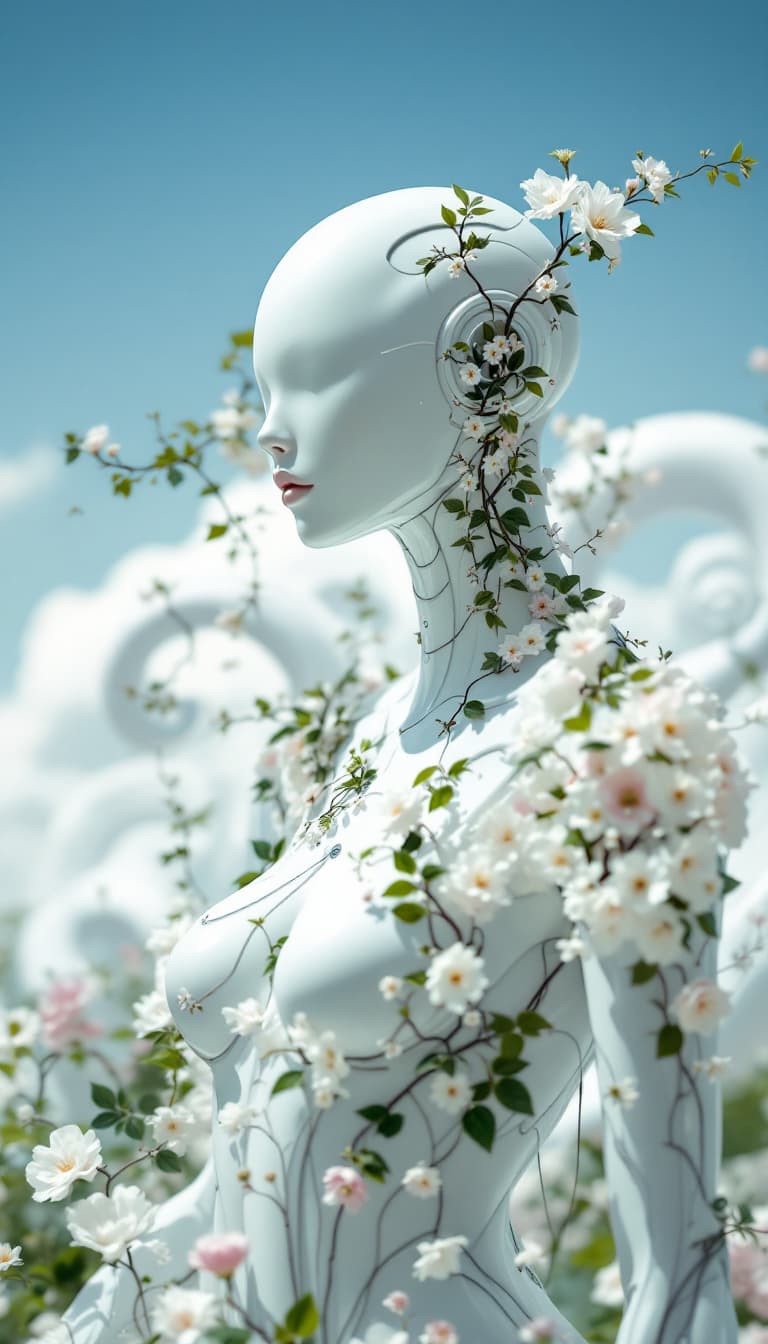 AI generated: A flawlessly crafted white cyborg, adorned with cascading vines and blooming flowers, stands as a su...