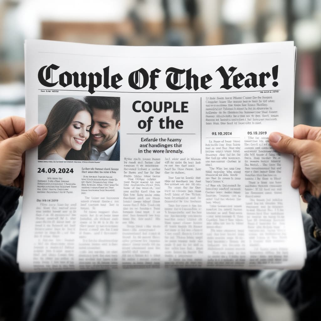 AI generated: A simple newspaper front page with the title
 Couple Of The Year! in middle

On the left side:
Date:...
