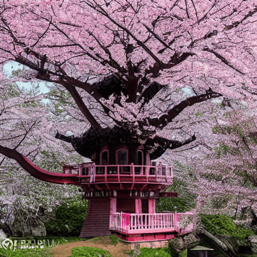 AI generated: THE CHERRY BLOSSOM TREE HOUSE :: beautiful ornate treehouse in a gigantic pink cherry blossom tree :...