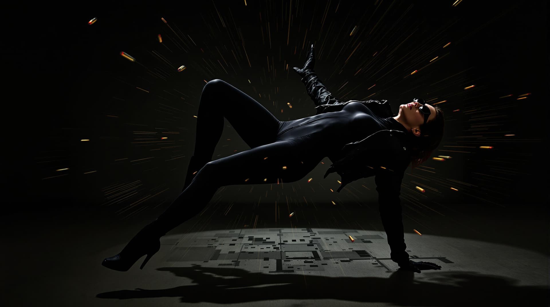 AI generated: It's a dynamic and dramatic scene with a Woman dressed in a black form-fitting outfit that includes ...
