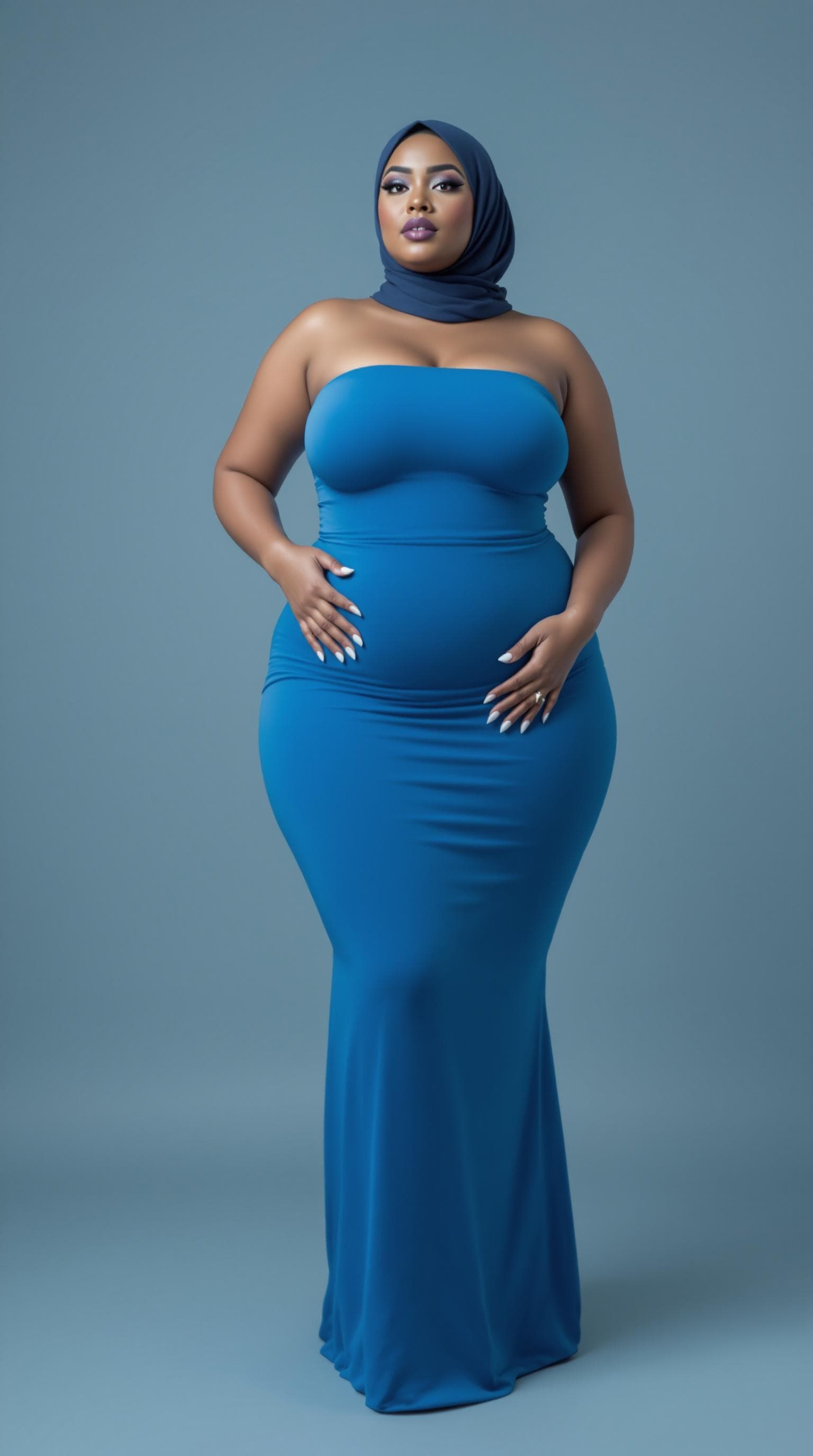 AI generated: Medium shot .a curvy woman with (large rump:1.5), and narrow waist, thick legs.cute face with hijab ...
