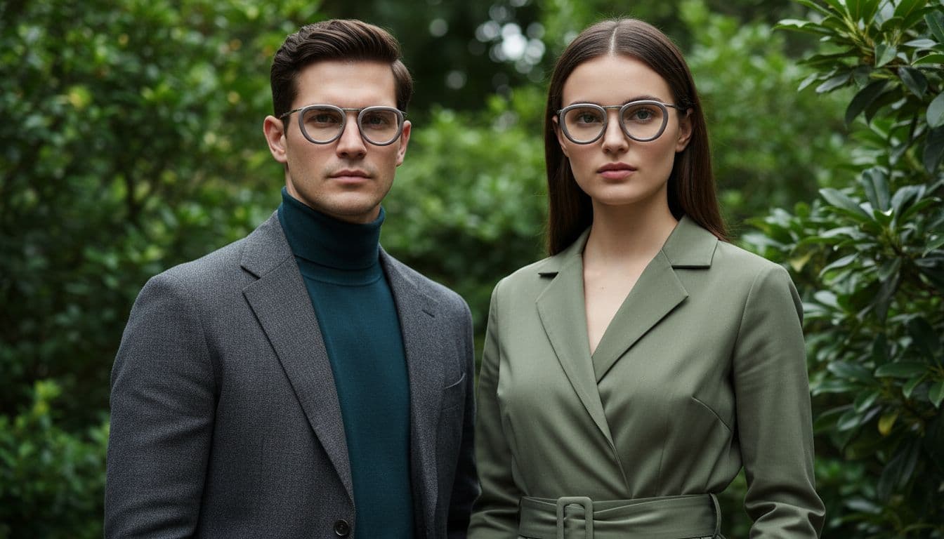 AI generated: Professional outdoor fashion photoshoot,  very close-up face portrait of a man and a woman looking s...