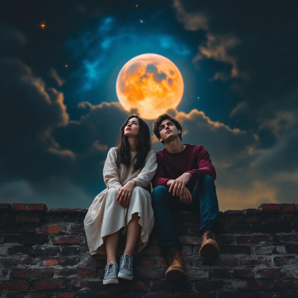 AI generated: Two young adults, appearing to be in their late teens or early twenties, sit side-by-side atop a wea...