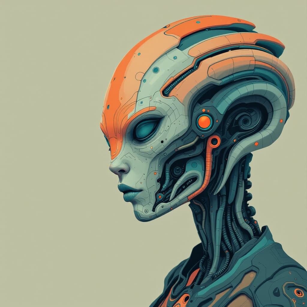 AI generated: alien cyborg art and illustration by theo el, in the style of balanced symmetry, light orange and cy...