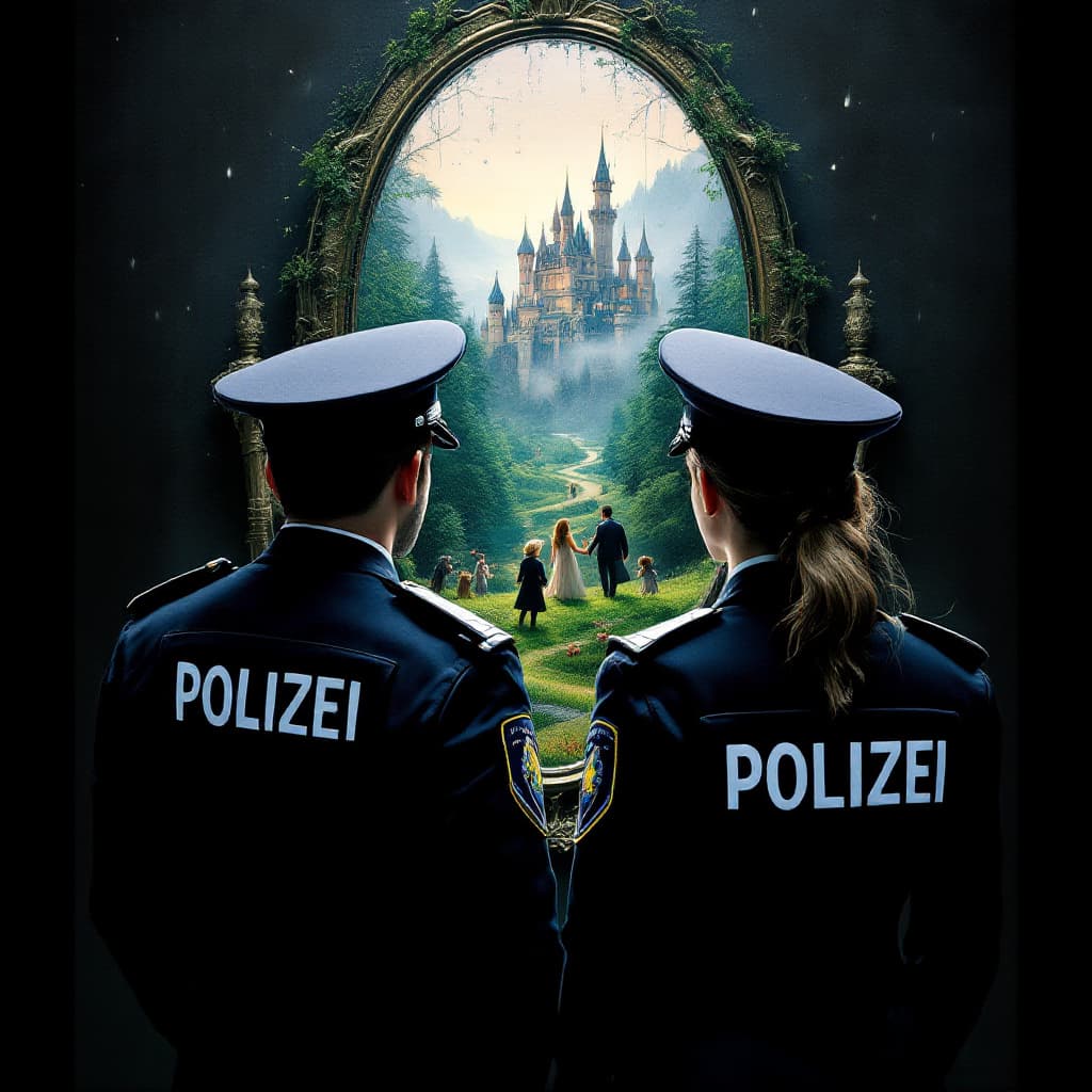 AI generated: Photorealistic image of a male and a female Police Officer with the writing POLIZEI on their backs i...