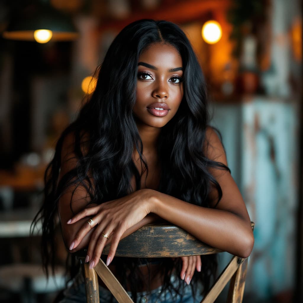 AI generated: a black woman with long hair leans on a chair, in the style of social media portraiture, earthcore, ...
