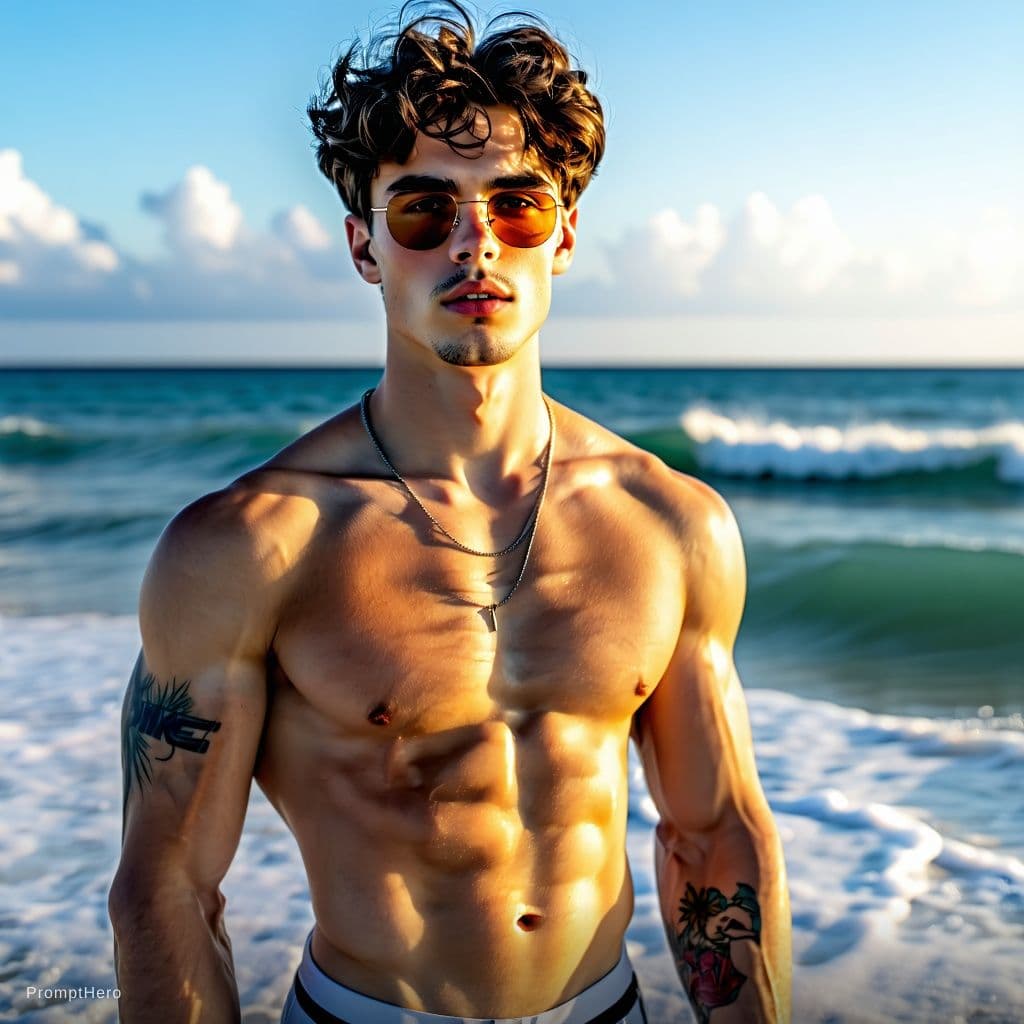 AI generated: Full image, Realistic photo of a very tanned 20-year-old guy on a sunny beach, stylish curly brown h...