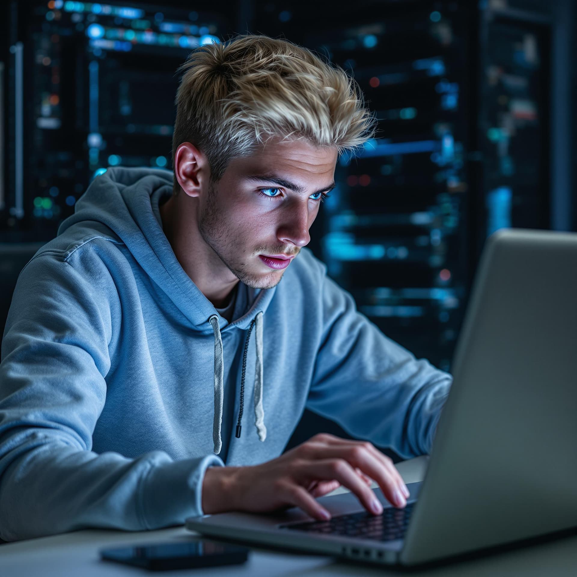 AI generated: A young male, blonde, blue eyed hacker using Kali Linux to penetrate an advanced computer system.
