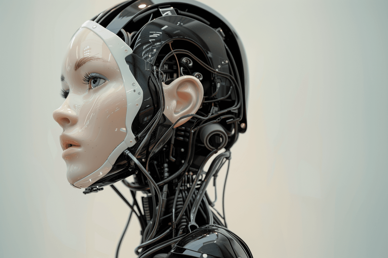 AI generated: A head of an android barbie robot with the face of young woman, made from black and white glossy pla...