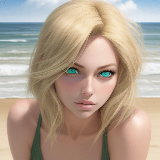 AI generated: female model, blonde,  hyper-realistic, lifelike --ar 35:64 --style raw, green eyes, at the beach
