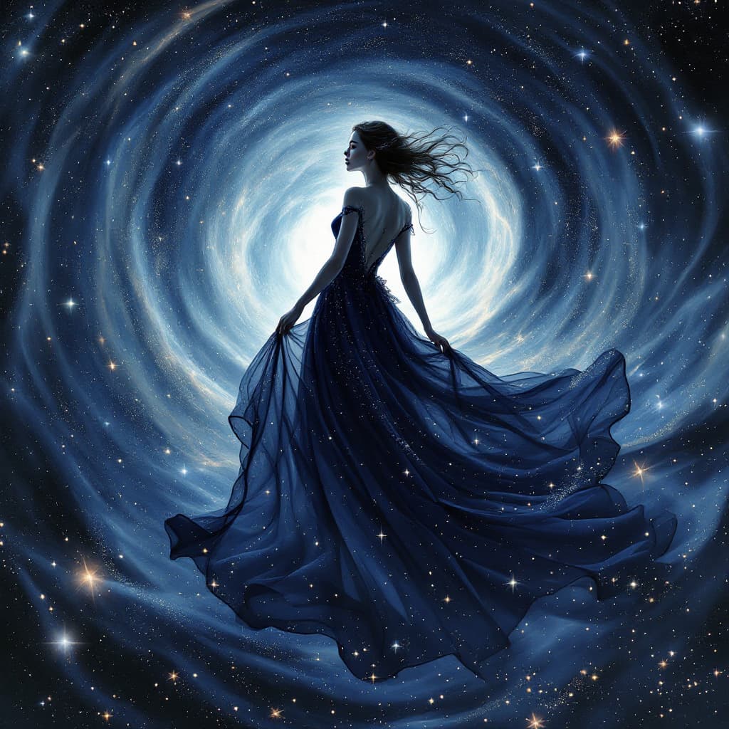 AI generated: A pretty woman, her form a study in elegant fluidity, wears a long, flowing gown crafted from a deep...