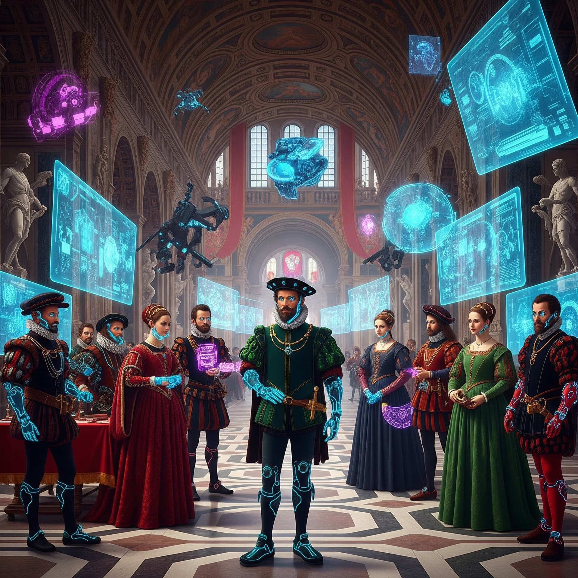 AI generated: A vibrant and surreal scene blending Renaissance Italy and futuristic sci-fi aesthetics. Imagine a g...
