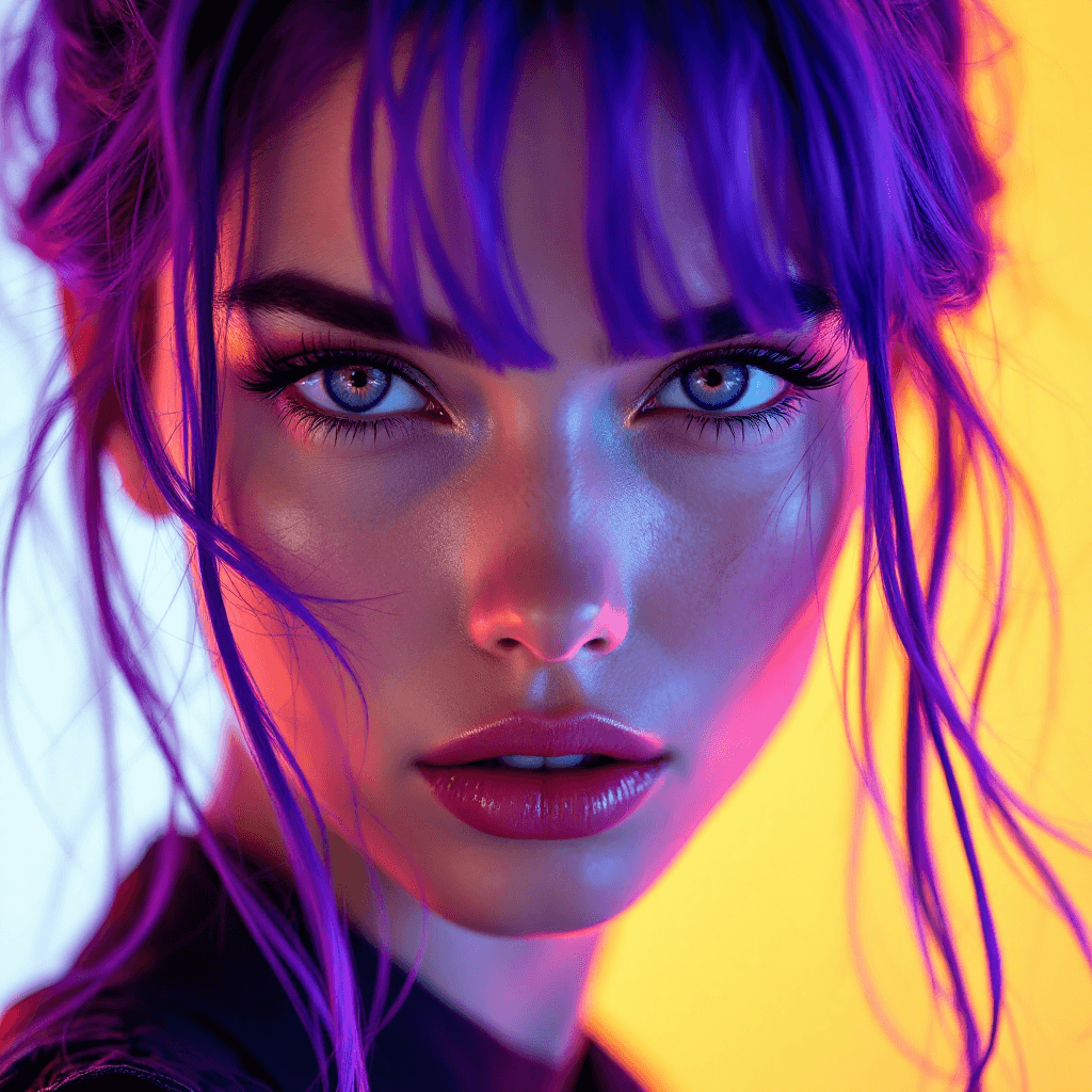 AI generated: A close-up portrait of a woman with vibrant purple hair, captured in ultra-realistic 8K resolution u...