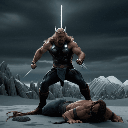 AI generated: 8k, A imagem mostra Thor e Wolverine lutando em um campo de batalha. Thor está usando seu martelo Mj...