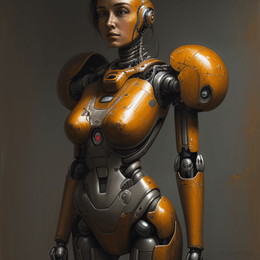 AI generated: an oil painting; woman in a high-tech robot suit, bulky, rusty, futuristic