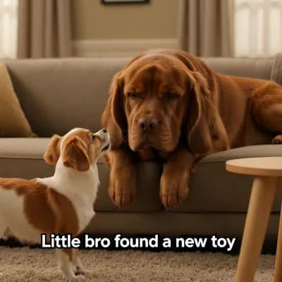 AI generated video: Create a 10-second funny pet reel featuring a small playful dog and a big sleepy dog in a cozy home ...