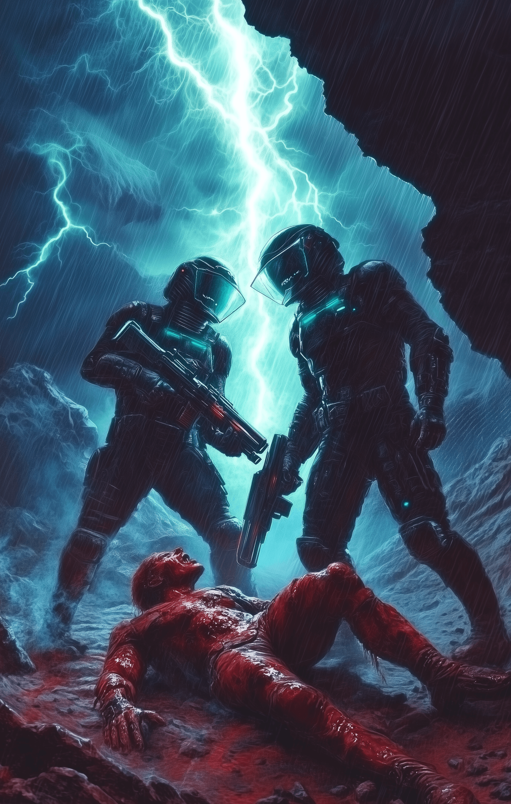 AI generated: Sci-fi book cover art depicting alien soldiers with ray guns standing over the body of a dead, red-s...