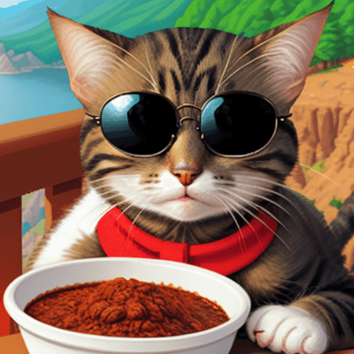 AI generated: cat loves chili, on mountain, cat wearing sunglasses, cat has mouth open (((facing viewer))), 64 bit...