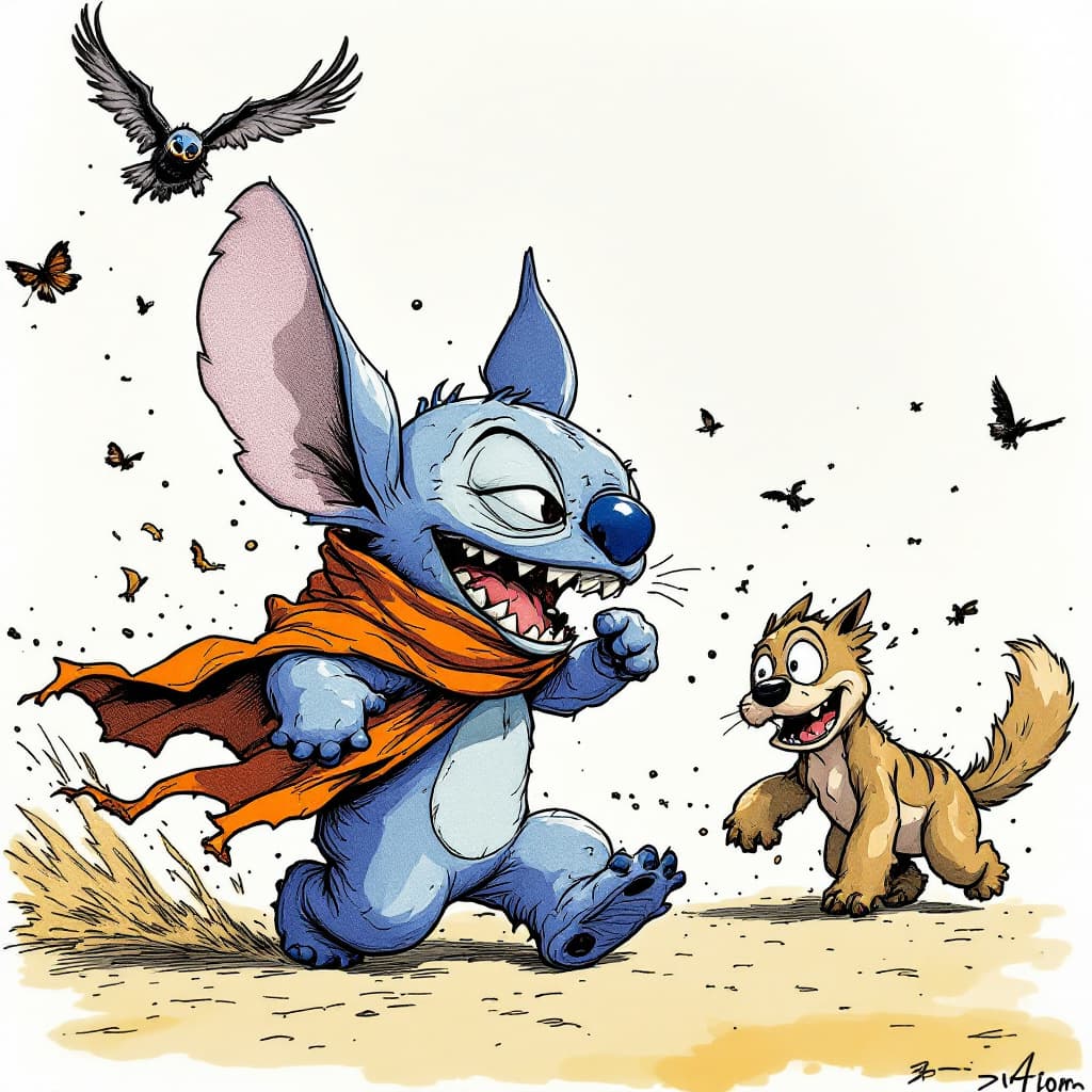AI generated: Stitch,The action is hilarious,Pen and ink drawings,run