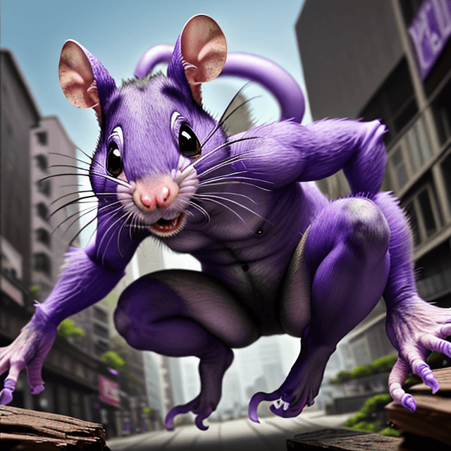 AI generated: front view of a jumping wild, ugly, scary, giant violet rat, 8k.