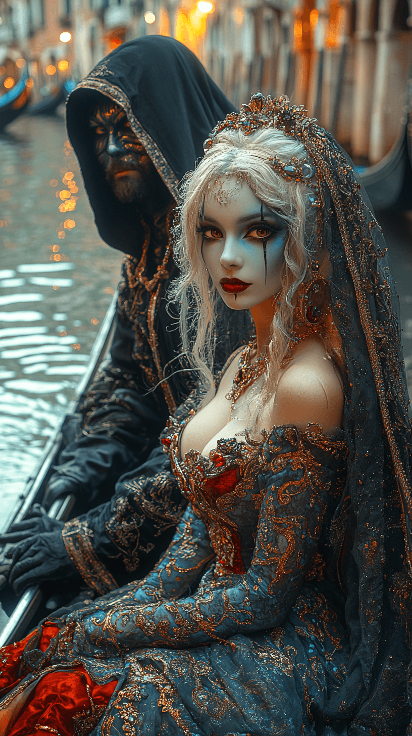 AI generated: meduim full shot of a boat ride in venice, italy. a man and a woman are in the boat. the woman, a be...