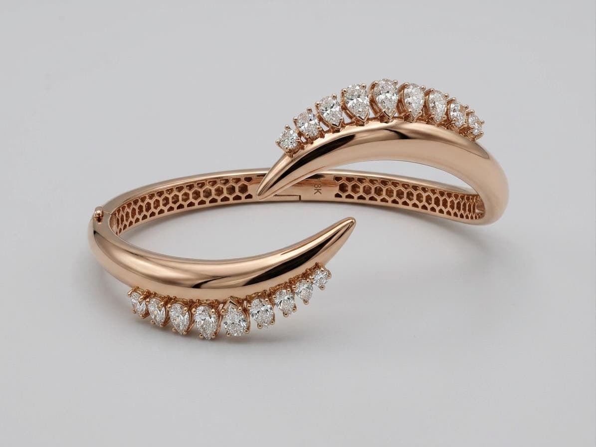 AI generated: Modern luxury open bangle inspired by the reference bracelet, redesigned with another stone shape an...
