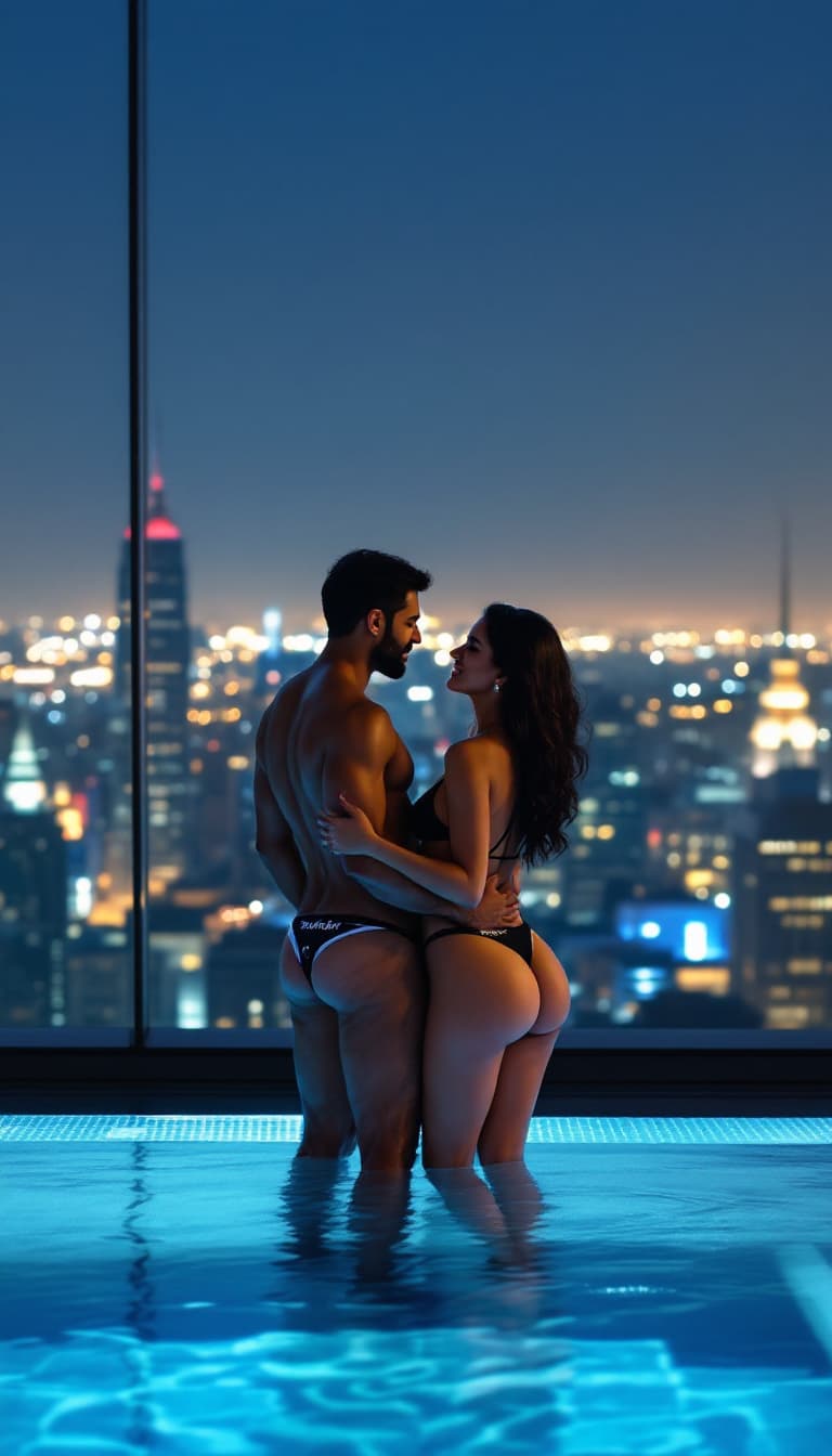 AI generated: Nestled high above the city, an ultra-glamorous couple stands on the edge of an exclusive indoor roo...