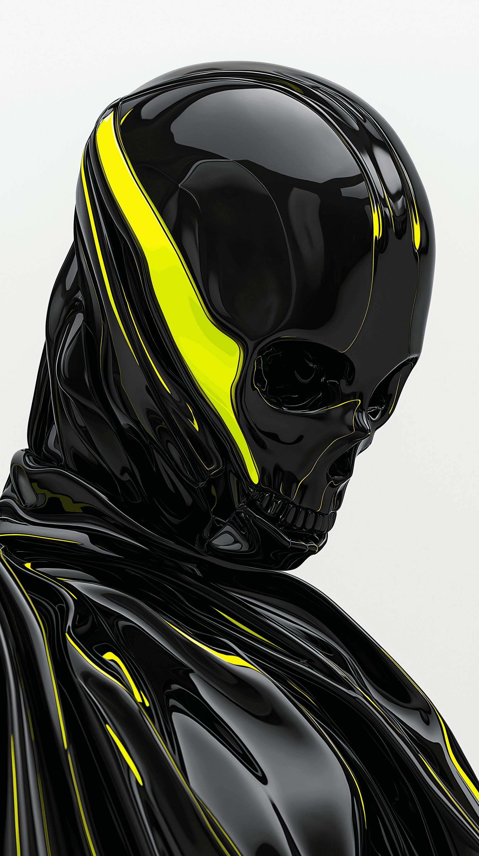 AI generated: futuristic skeletal figure, cyberpunk aesthetic, glossy black metallic skull helmet, neon green acce...