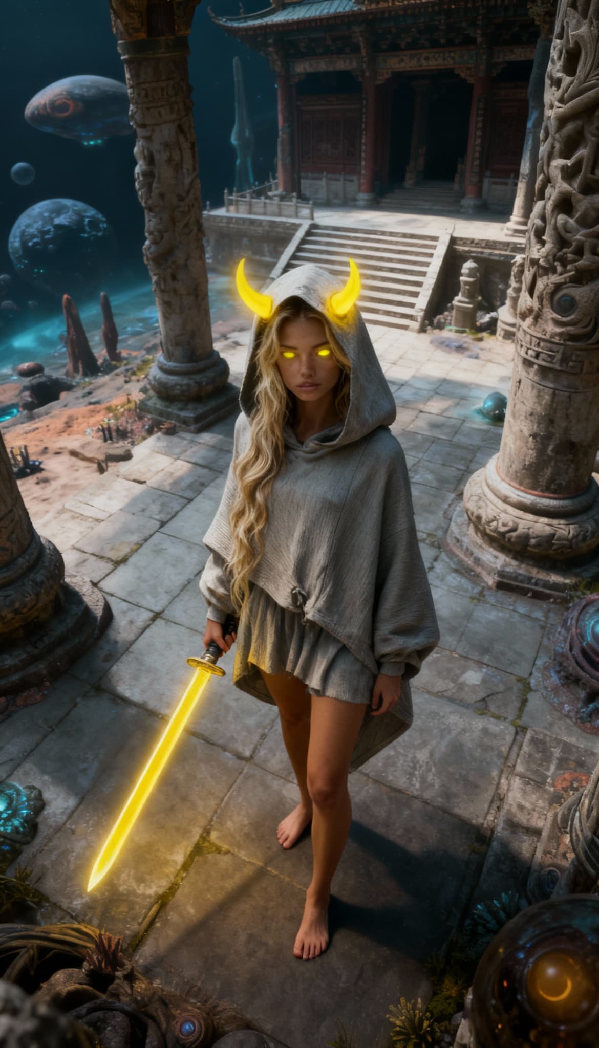 AI generated: barefoot, long legs, horns and eyes, and a sword,  In an ancient temple, on a alien planet. Three-qu...