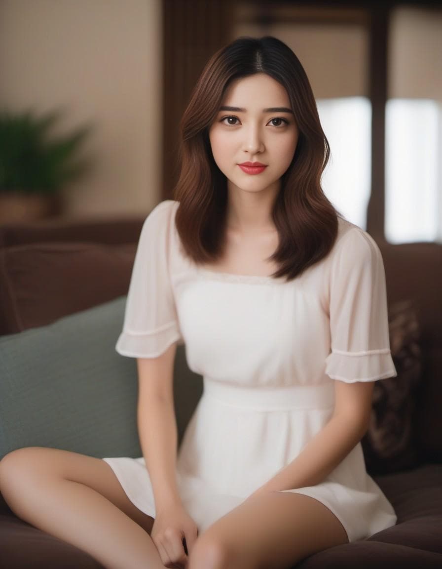 AI generated: japanese, college woman, sitting on sofa, sundress, ((disgusted)), (((furrowed:1.1 brow)))