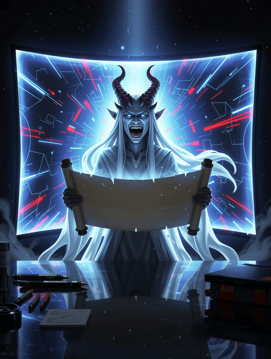 AI generated: An avatar materialises on the table in front of Da5id, starting out ghostly and transparent, gradual...