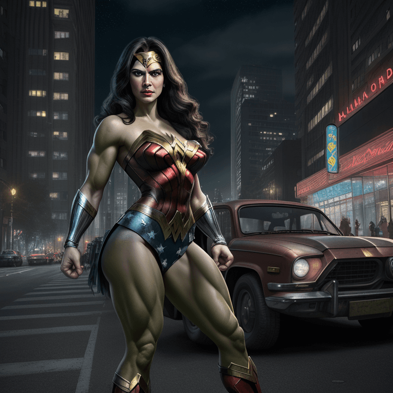 AI generated: hulk with full wonder woman costume, reddish eyes, urban avenue, modernist buildings from the year 1...