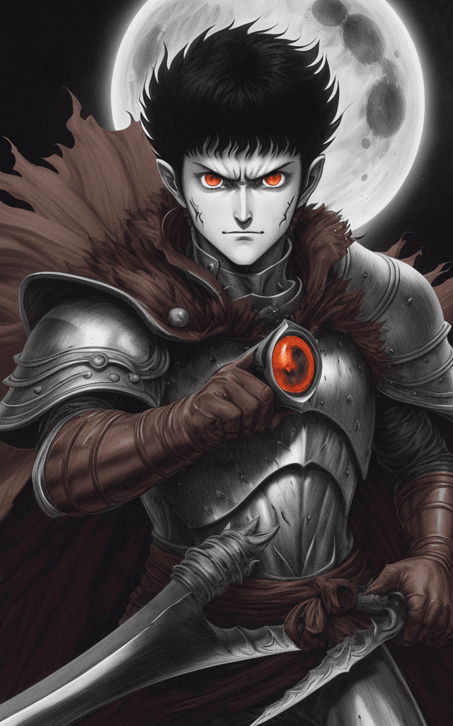 AI generated: monochrome, only eyes glowing red, a man with big eyes, brown hair with tuft, in golden armor, with ...