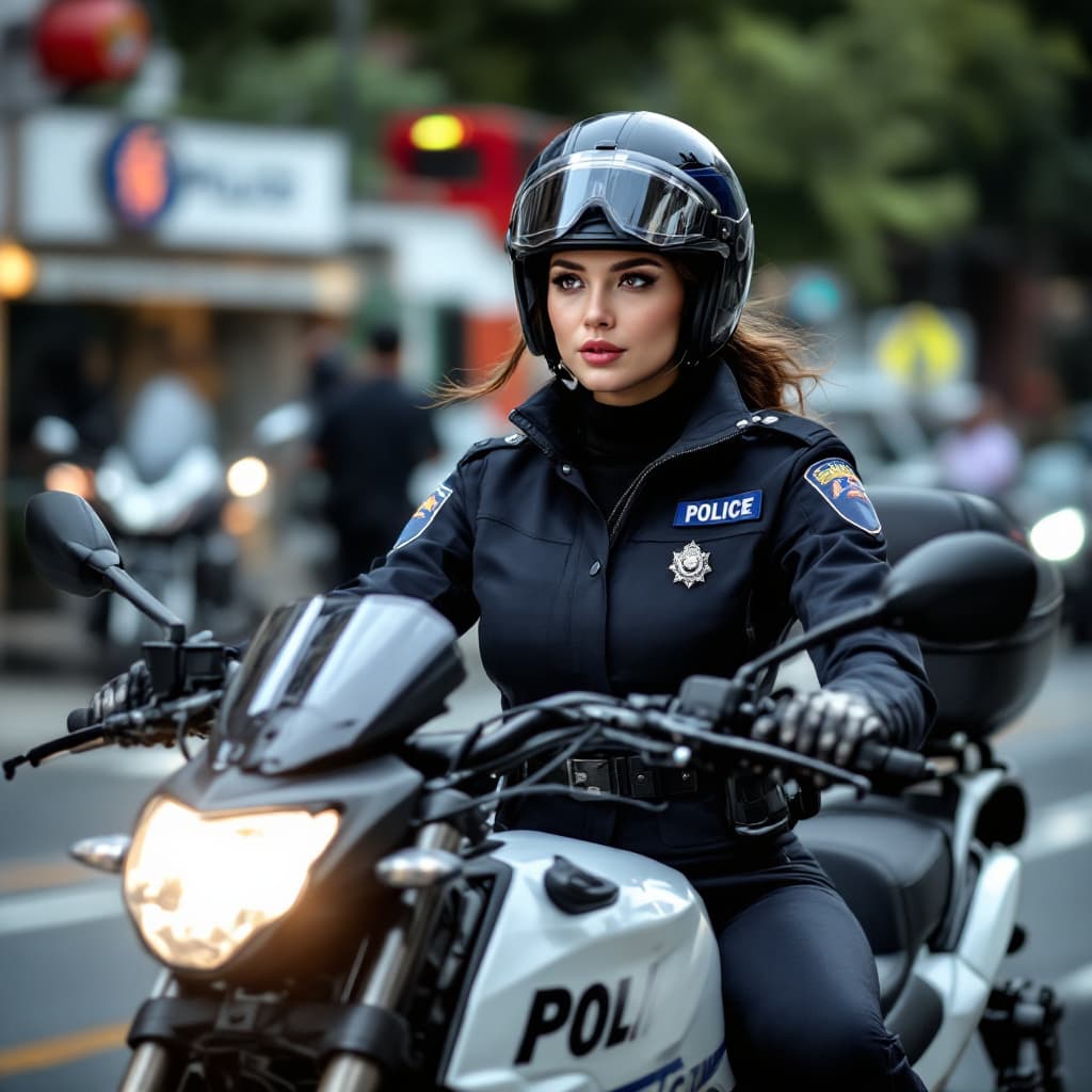 AI generated: police woman,very pertty and fit body,riding a police motocycle on the street, on patrol,police stat...