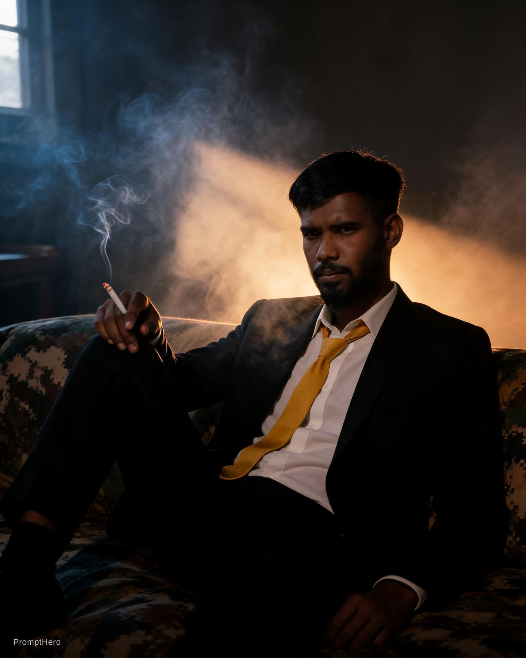 AI generated: photography, cover shoot, dimly lit room with a hazy atmosphere, capturing a professional male model...
