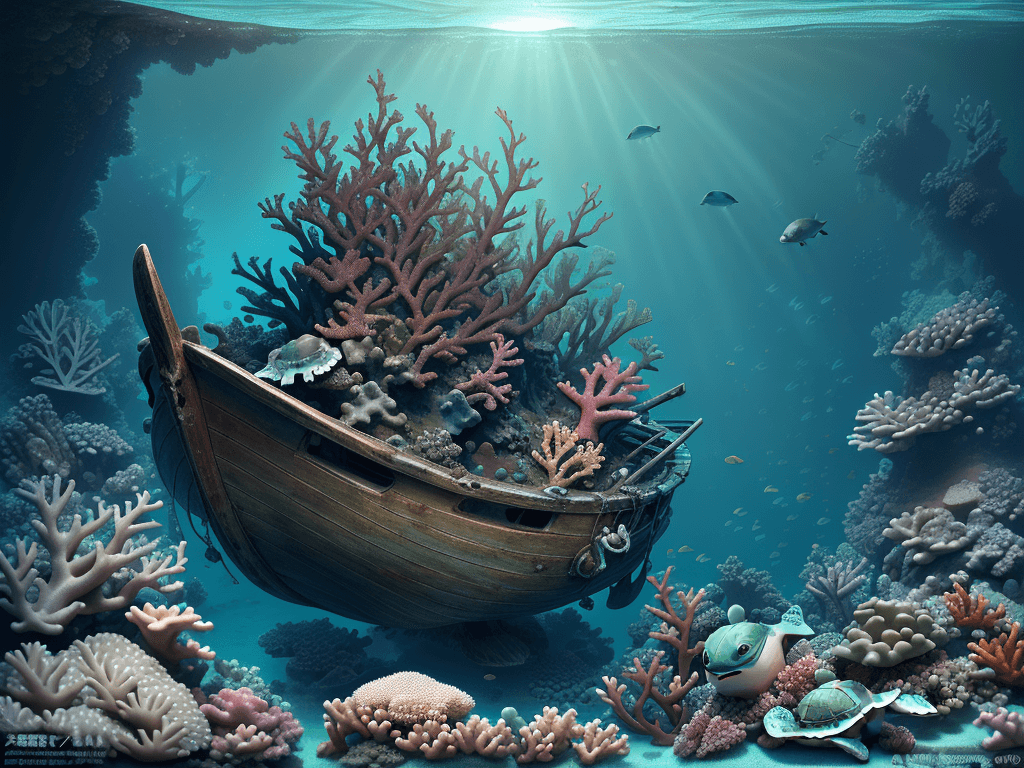 AI generated: a deeper dreamy little boat wreck, baby green turtle floating and looking at us, corals, sponges, fi...