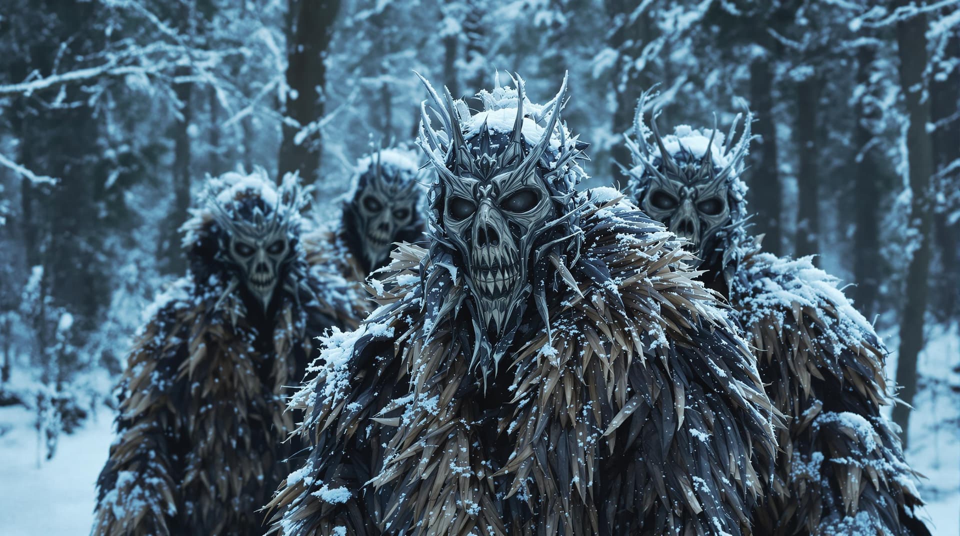 AI generated: "A haunting scene in a snowy forest during winter, a group of figures wearing eerie, tribal masks an...