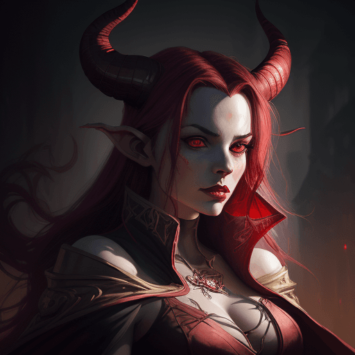 AI generated: painting of a woman with horns and a red cape, tiefling, portrait of demon girl, tiefling female war...