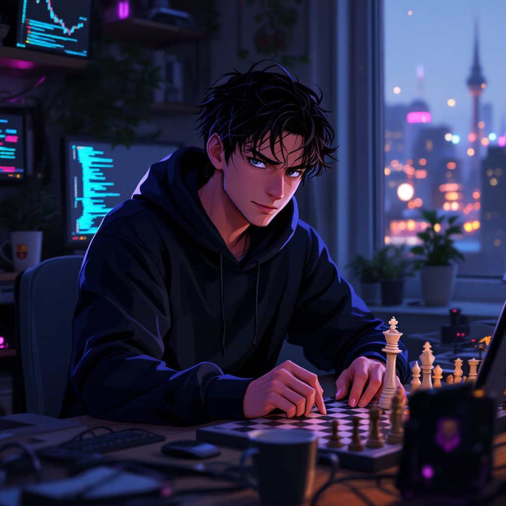 AI generated: "1 man, solo, sitting in a messy room, cinematic anime style (Ufotable, Mappa), determined yet calm ...