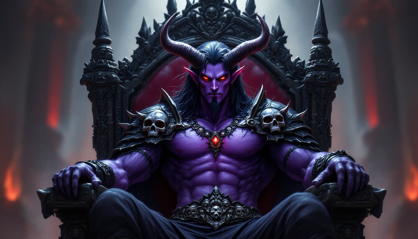 AI generated: A digital painting shows a male demon sitting on a throne. The demon has purple skin, long black hai...