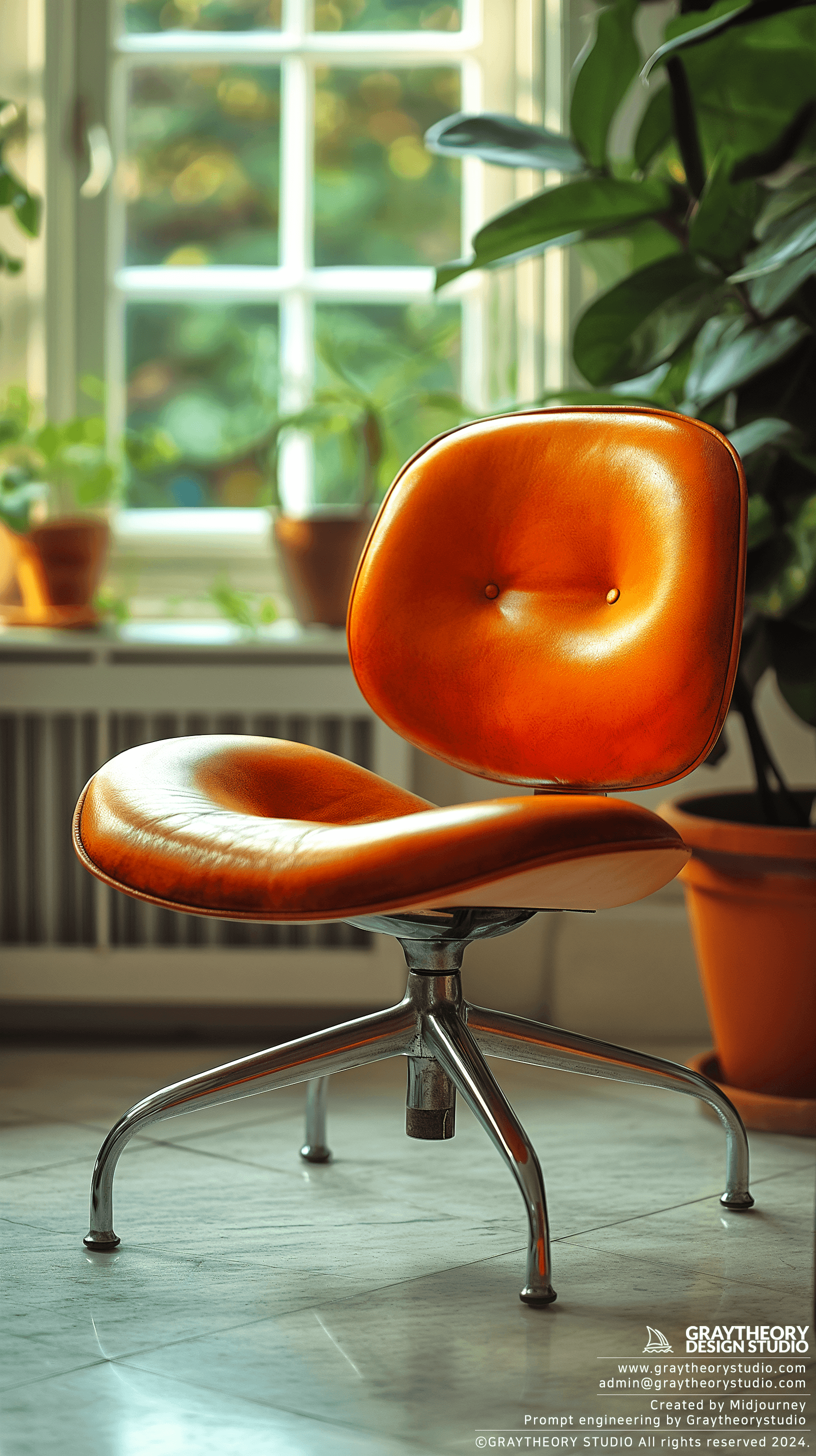 AI generated: minimalism chair, studio setting, a Hasselblad X1D II 50C 90mm lens, stainless steel and orange colo...