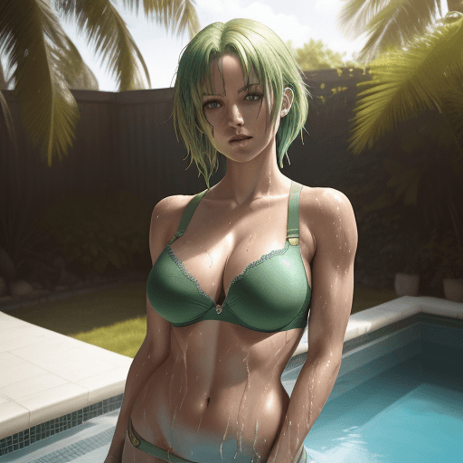 AI generated: photo of beautiful fair skin woman with  green hair, fit body, removing her bra, taking off her bra,...
