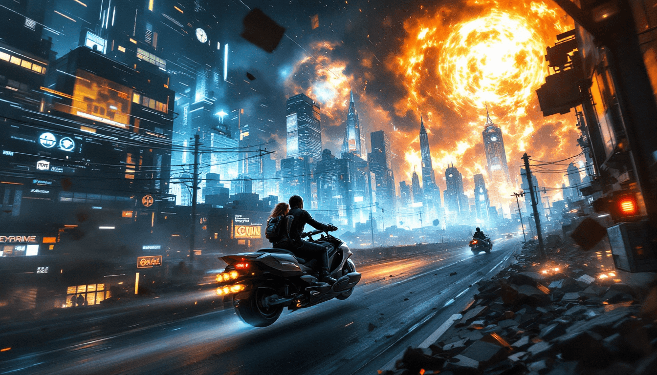 AI generated: "The city skyline erupts in holographic static, revealing the Syndicate’s crimes. Jax and Nova ride ...