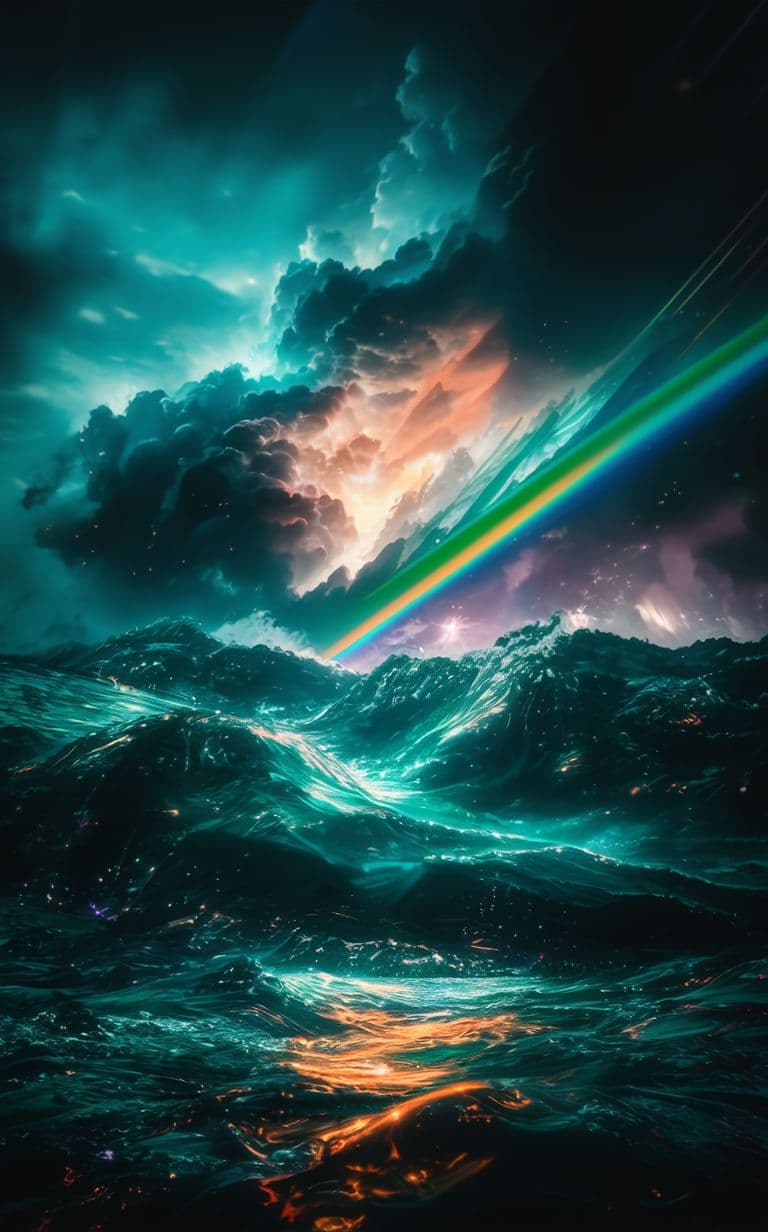 AI generated: stormy sea , rainbow particles , rays of starlight , realistic , beautiful clarity , 4k , best quali...